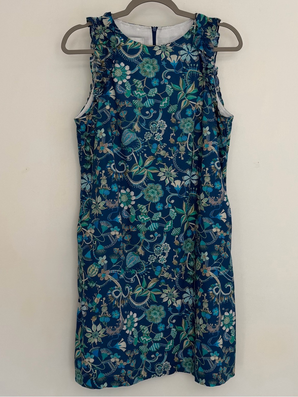Sara Campbell Blue Green Floral Ruffle Detail Shift Mini Dress USA Made